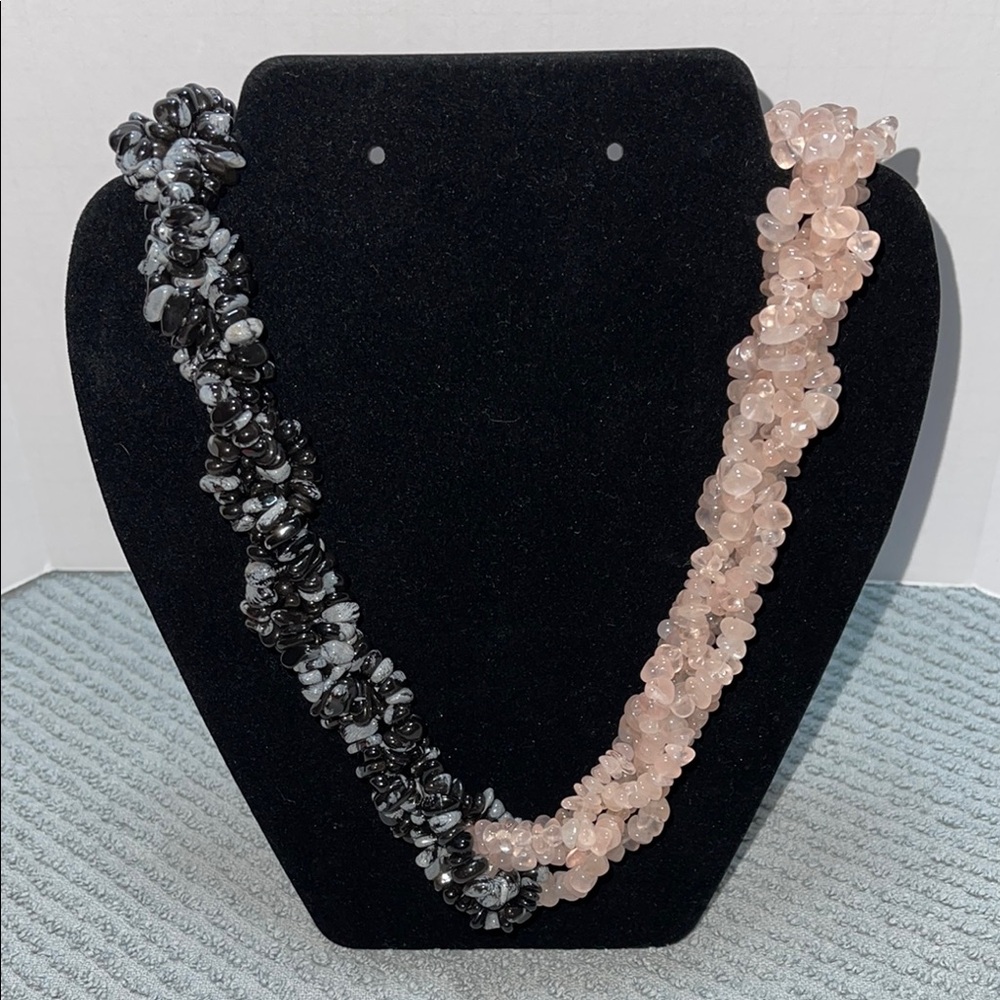 Two-Toned snowflake obsidian and rose quartz gemstone statement necklace